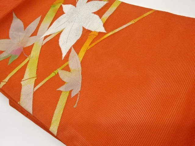 JAPANESE KIMONO / VINTAGE NAGOYA OBI FOR SUMMER / WOVEN BAMBOO & MAPLE LEAVES